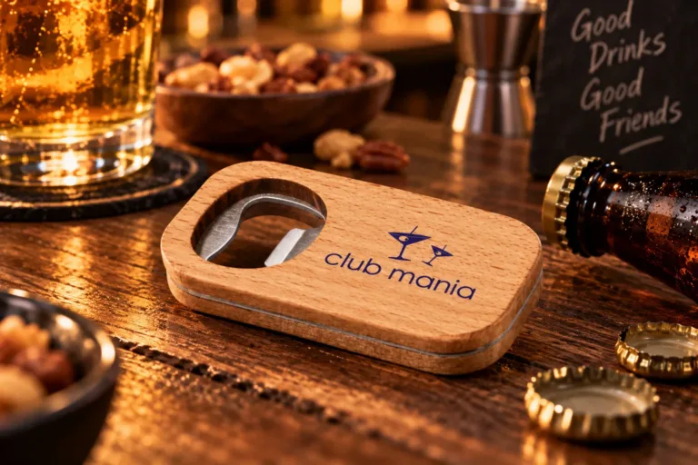 Kleiner Flaschenöffner mit Logo – Boemia aus Buchenholz