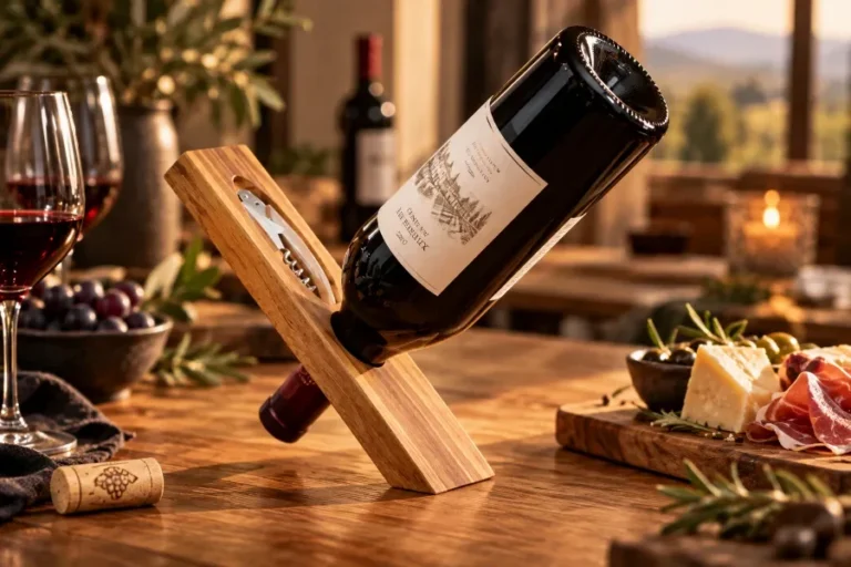 Weinflaschenhalter aus Holz mit Gravur als Kundengeschenk
