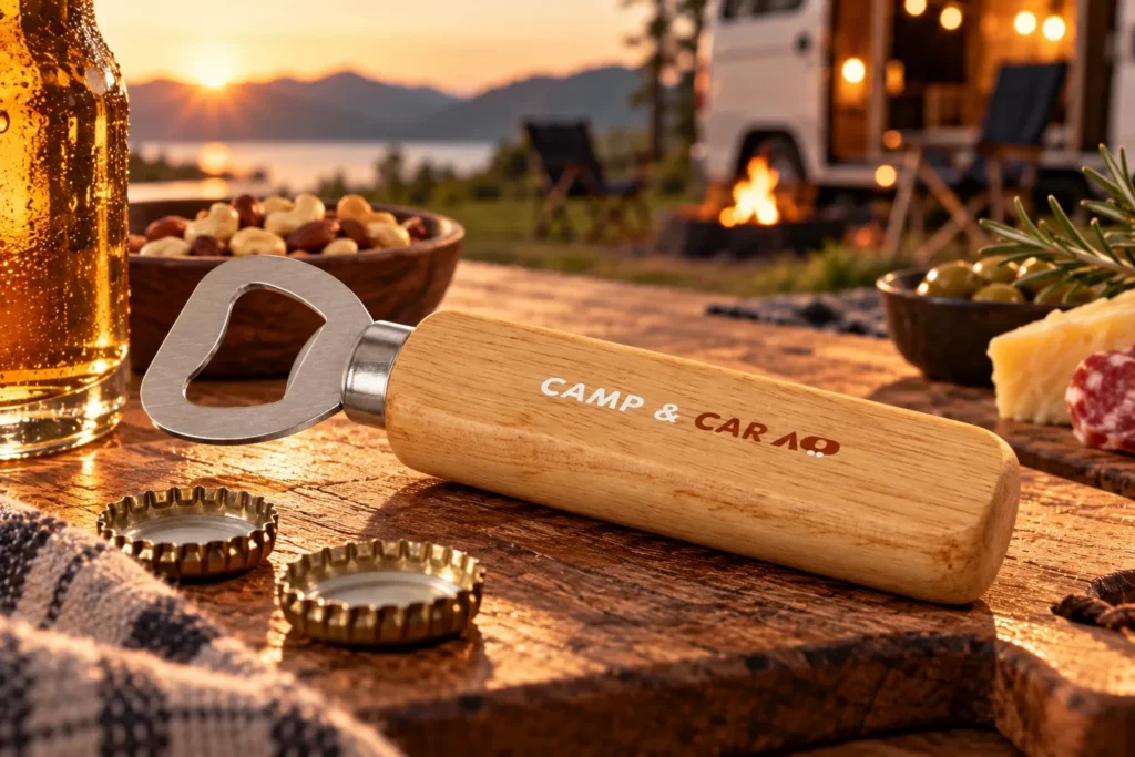 Flaschenöffner aus Holz mit Lasergravur am Lagerfeuer