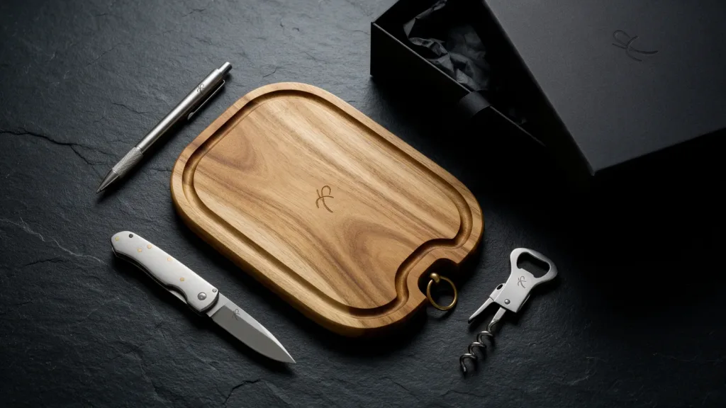 Hochwertige Werbegeschenke mit Gravur: Käsebrett, Kugelschreiber, Taschenmesser und Kellnermesser