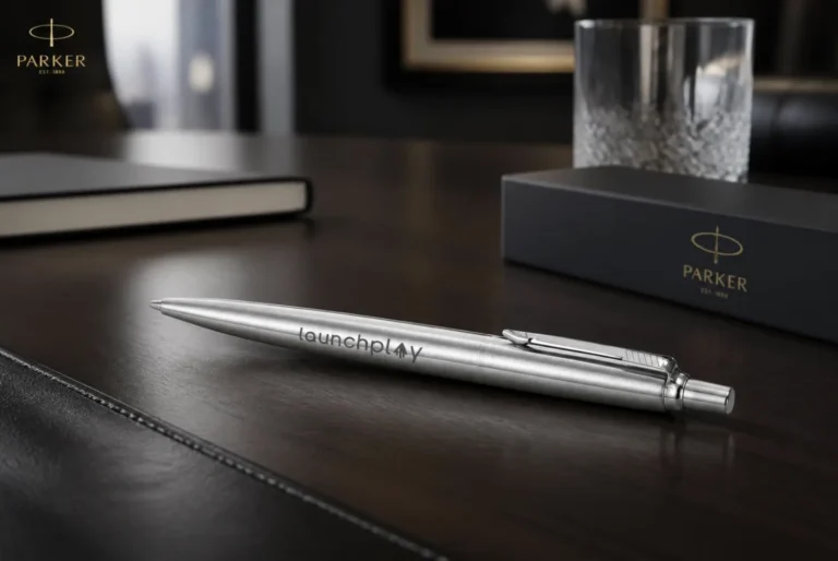 Parker Jotter mit Gravur: Edelstahl-Kugelschreiber mit Logo auf dem Schreibtisch vor der Parker Geschenkbox