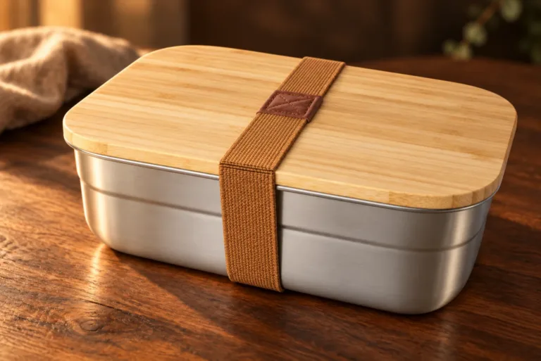 Brotdose aus Edelstahl mit Bambusdeckel und braunem Gummiband auf einem Holztisch – der Deckel wird mit Ihrem Logo graviert