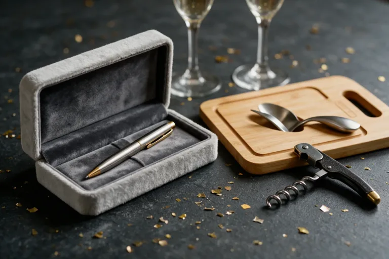 Geschenke zum Firmenjubiläum: Kugelschreiber in der Geschenkbox, Bambusbrett und Kellnermesser auf festlichem Tisch