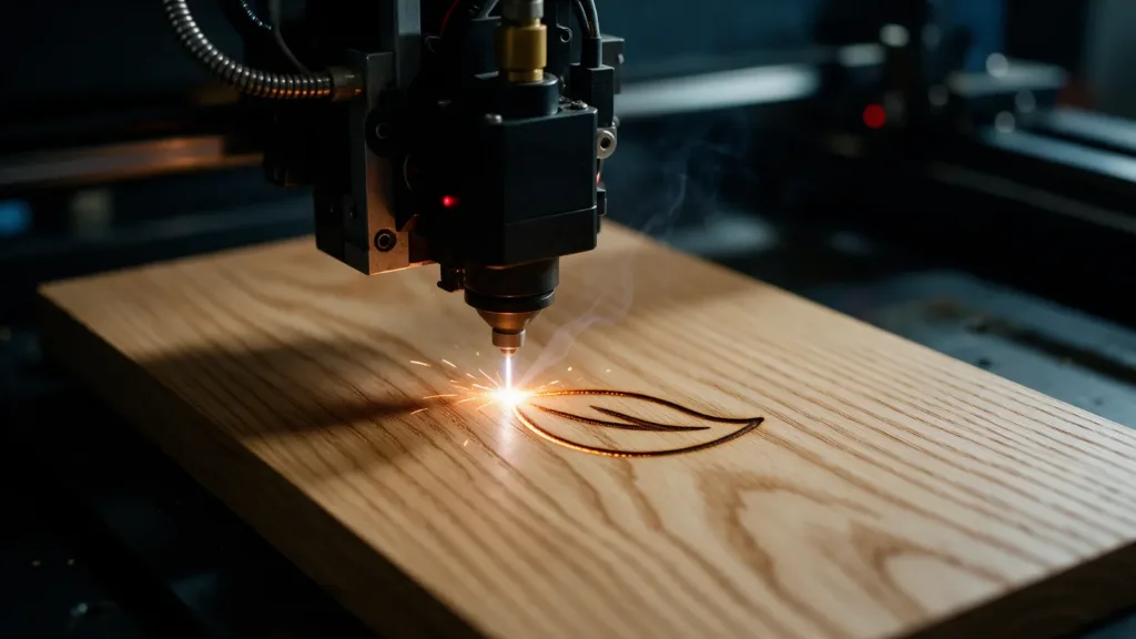 Lasergravur auf Holz: Der Laser graviert ein Blatt-Logo in ein Eichenbrett
