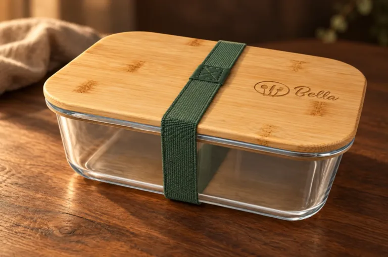 Lunchbox mit Logo: Glas-Lunchbox Roby mit graviertem Bambusdeckel und grünem Gummiband auf einem Holztisch