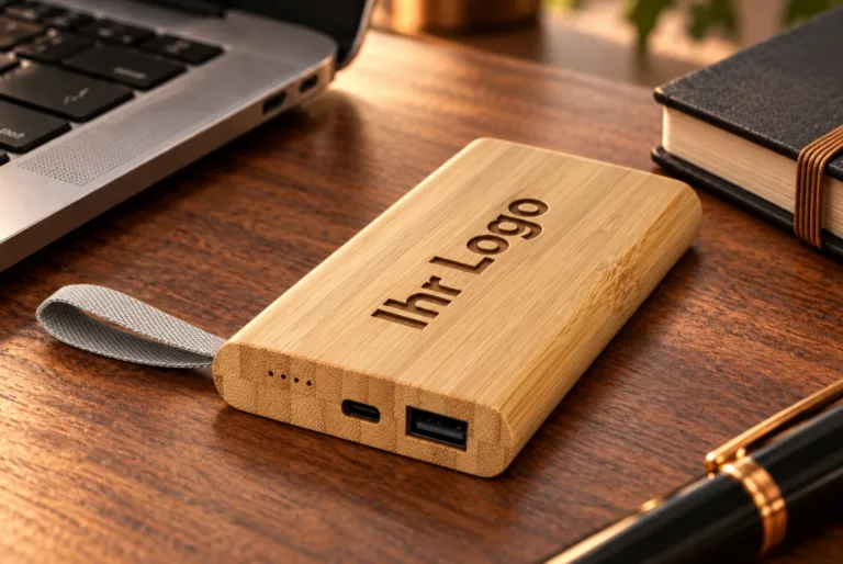 Powerbank mit Gravur: Tulda 5000 mAh aus Bambus mit eingebranntem Beispielmotiv „Ihr Logo“ und Trageschlaufe auf einem Schreibtisch aus Holz