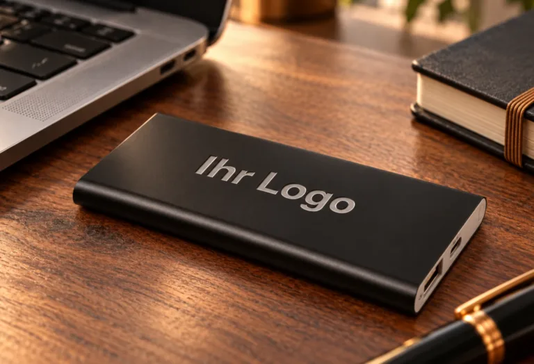 Powerbank mit Logo: Pep 4000 mAh in Schwarz mit heller Lasergravur „Ihr Logo“ auf einem Schreibtisch aus Holz