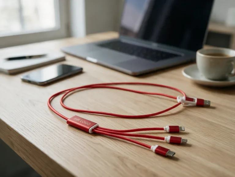 Versatile 5-in-1 Ladekabel mit Logo in Rot auf dem Schreibtisch