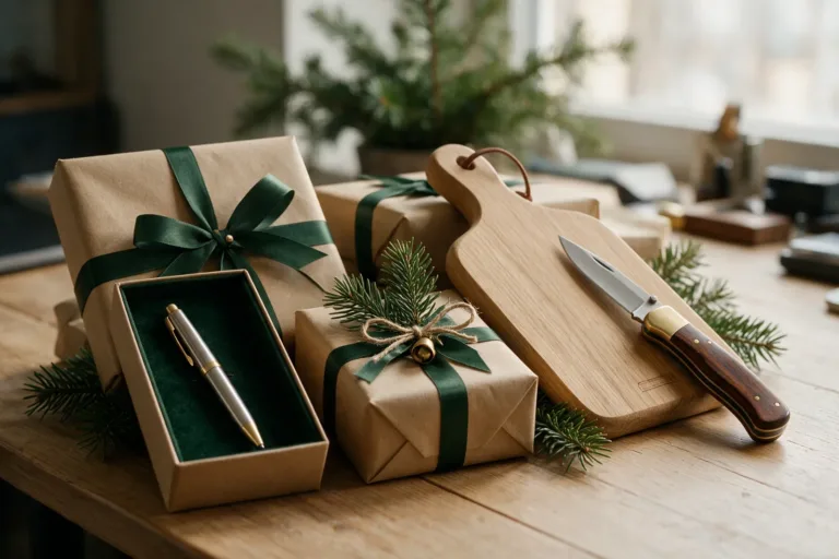Weihnachtsgeschenke für Mitarbeiter: Kugelschreiber, Schneidebrett und Taschenmesser als verpackte Geschenke
