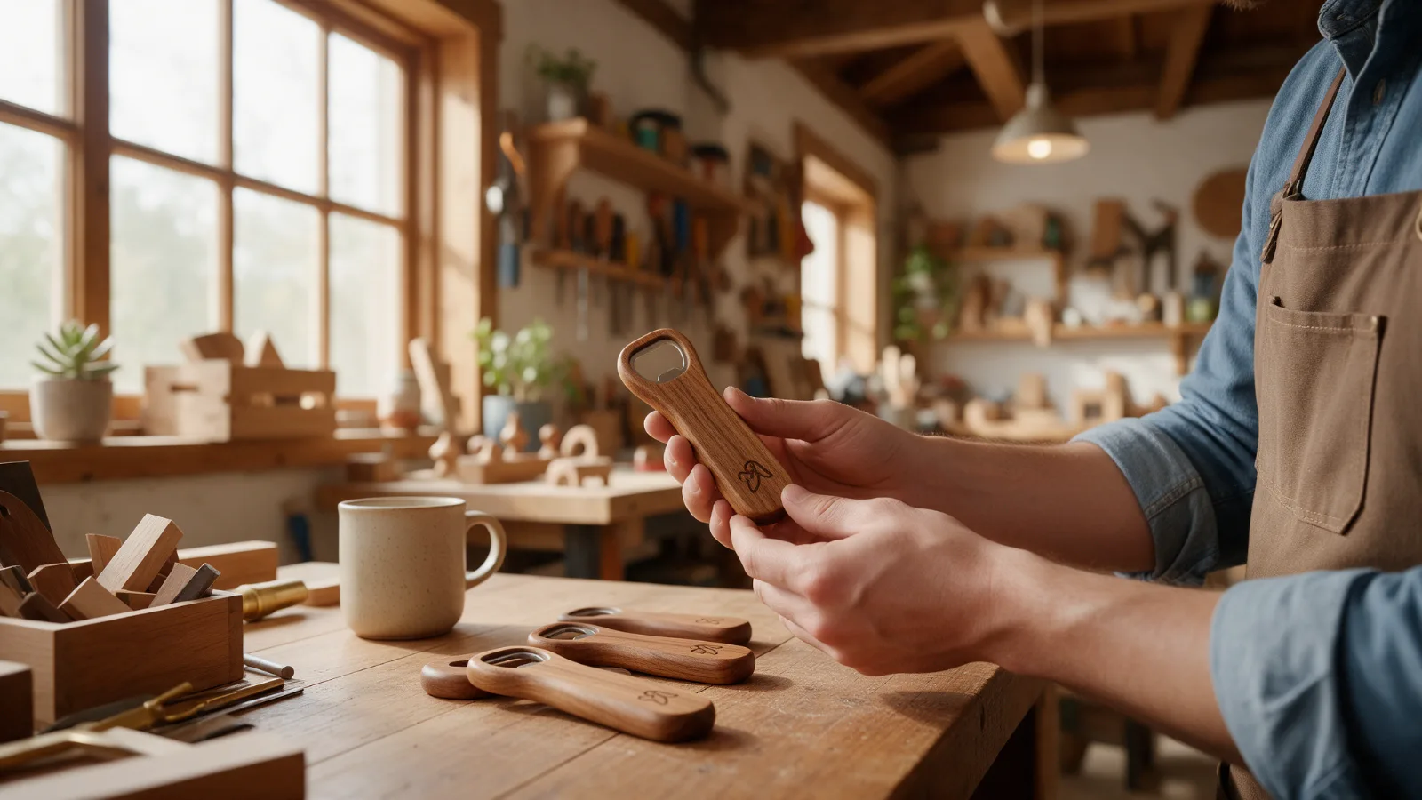 Werbeartikel für kleine Unternehmen: Flaschenöffner aus Holz mit graviertem Logo in einer Werkstatt
