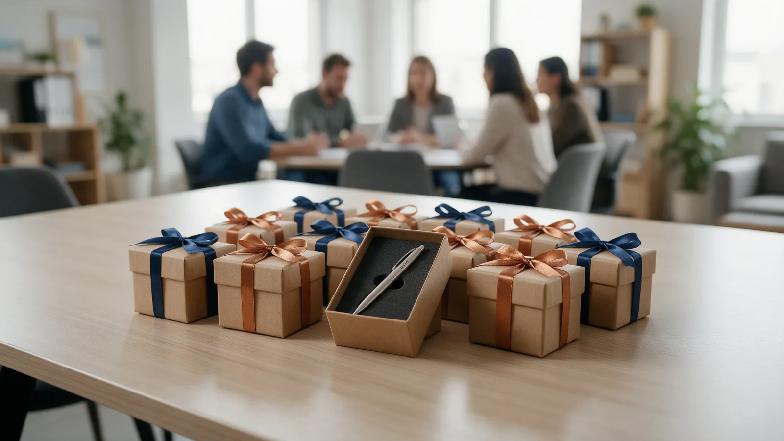 Werbegeschenke in kleiner Stückzahl: Kugelschreiber mit Gravur in Geschenkboxen auf einem Besprechungstisch